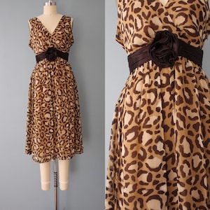 vintage designer silk dress | 90s Oscar De La Renta leopard print dress | silk rosette cummerbund dress