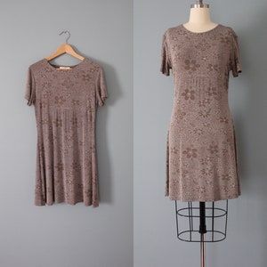MOCHA empire waist mini dress | 1990s floral light mocha dress | baby doll mini skater summer dress
