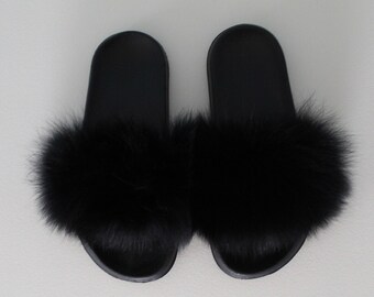 FUR slip ons | leather and fur slides | 90s glamorous fur slippers