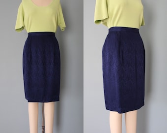 SAPPHIRE blue silk mini skirt | 1980s silk pencil skirt | embossed paisley silk skirt