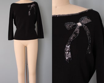 SEQUINED BOW knitted top | 90s Y2K crop top | black knitted top