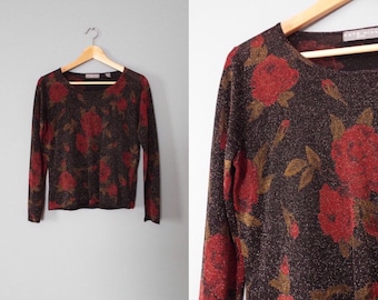 Red roses cropped top | metallic pullover top