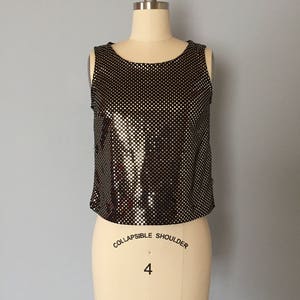 1990s golden sequins crop top / black stretch party top with golden sequins
