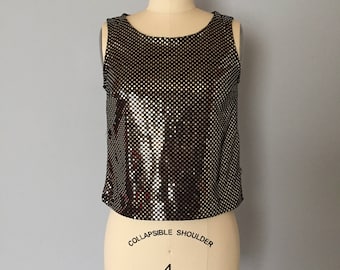1990s golden sequins crop top / black stretch party top with golden sequins