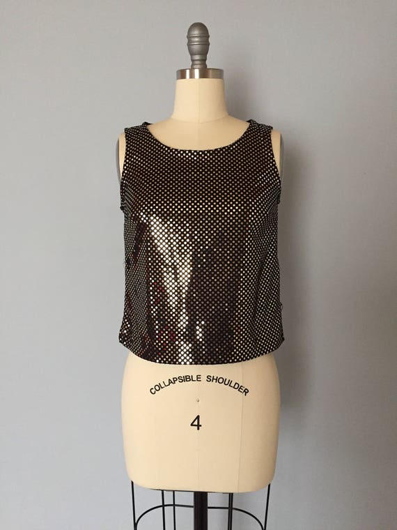 1990s golden sequins crop top / black stretch par… - image 1