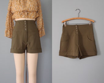 cummerbund summer shorts | 90s Y2K olive green shorts | cummerbund cuffed high waisted shorts