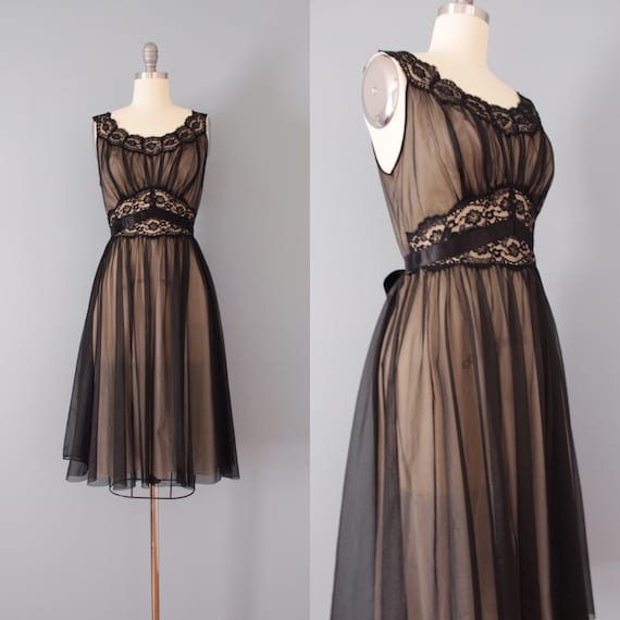 1950s slip dress | black mesh lace dress | tie bac