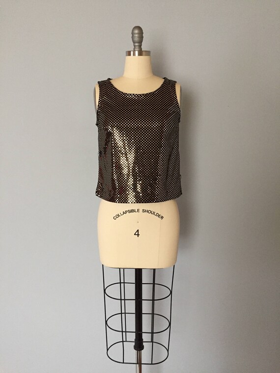1990s golden sequins crop top / black stretch par… - image 2