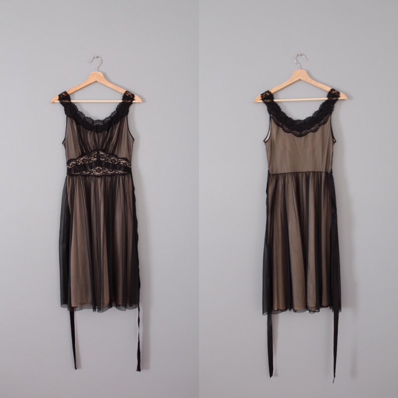 1950s slip dress tie back bow ribbons dress black mesh lace dress