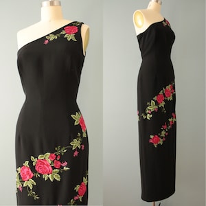 90s One Shoulder maxi dress | Bohemian maxi dress | Embroidered Roses Dress
