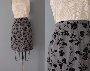 VELVET roses skirt | steel gray mini skirt | 1990s floral appliqué skirt