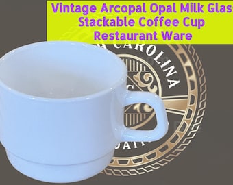 Set of 4 Vintage Arcopal Opal Milk Glass Stackable Restaurant Ware Coffee Cups