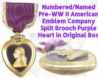 Military Pre WW II American Emblem Company Named Numbered Split Brooch    Purple Heart Medal Original Box Ex Condition 3D1