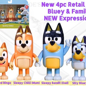 May include: A new 4-piece retail set featuring Bluey and Family with new expressions. The set includes figures of Excited Bingo, Sleepy Chilli (Mum), Sleepy Bandit (Dad), and Silly Bluey. The figures are brightly colored and stand upright.