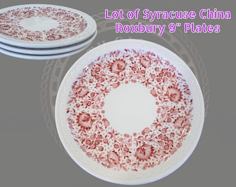 Set of 6 (up to 12 available) Vintage (1966) Syracuse China Roxbury Red Transferware 9" Econo-Rim Dinner Plates