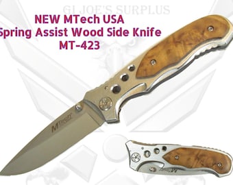NEW MTech Spring Assist Wood Side Pocket Knife 4E4 J20