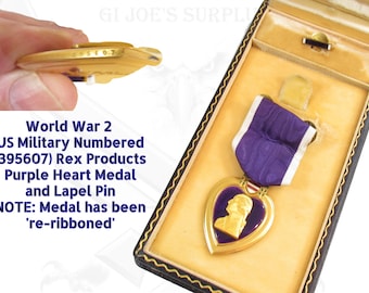 Purple Heart Medal Military WW II Rex Products Numbered Un-Named Wood Coffin Case 'Re-Ribboned' 4H4