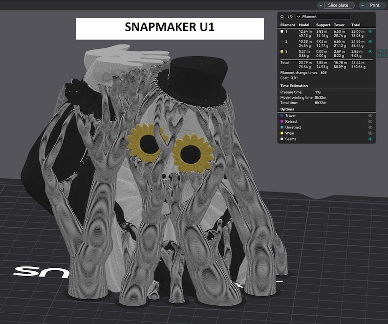 May include: A 3D model preview on a Snapmaker U1 interface showing a character wearing a black top hat and yellow sunflower-shaped glasses. The figure is surrounded by grey support structures with a filament usage table visible in the top right corner.