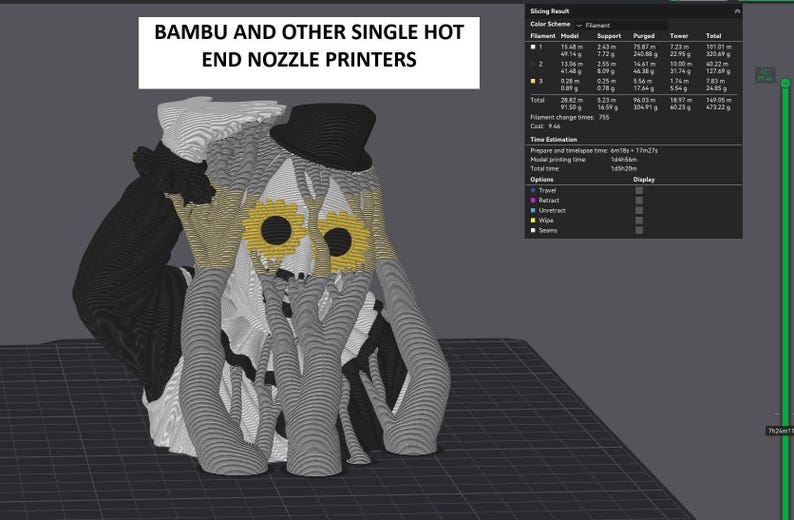 May include: A 3D digital model of a clown figure wearing a black top hat and yellow flower-shaped glasses, with hands covering the face. The screen displays the text BAMBU AND OTHER SINGLE HOT END NOZZLE PRINTERS and a detailed slicing result table.
