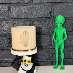 May include: A beige three-wick candle labeled White Pumpkin sits on a white pedestal held by a black and white clown figure wearing yellow flower-shaped glasses. Beside it stands a bright green standing alien figurine with large black eyes.