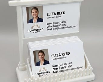 Realtor Business Card Holder with Stand that Displays Business Card, White Picket Fence and Red Sold Sign - 3D Printed