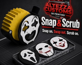 Snap&Scrub Round Sponge Holder with Swappable Magnetic Faceplates for Halloween Spooky Season