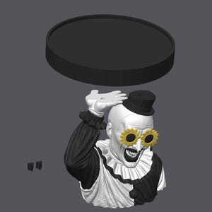 May include: A 3D rendered bust of a clown wearing a black top hat, a ruffled collar, and yellow flower-shaped sunglasses. The clown has a black and white costume and is holding a flat, circular black tray above its head with one raised hand.