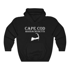 May include: Black hooded sweatshirt with white text that reads "CAPE COD MASSACHUSETTS" and a white outline of Cape Cod.