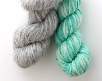 Two Skeins, Green Wool and Grey Alpaca Yarn, 50 g each with different texture
