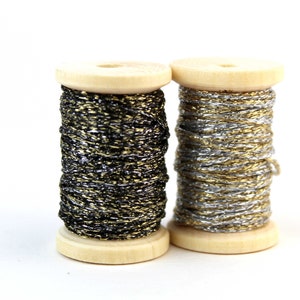 Set of Two Metallic Threads on Wooden Spools, Silver and Gold, Black and Gold, 15 meters each