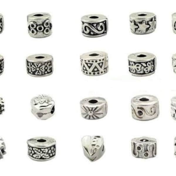 Pack of 10 Antique Silver Designed Assorted Clip Lock Stopper Charm Beads For Charm Bracelets