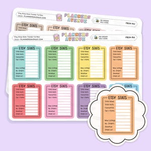 May include: A sticker sheet featuring multiple rectangular Etsy stats trackers in various pastel colours including teal, green, yellow, orange, pink, and purple. Each tracker includes fields for total views, visits, favourites, top items, and revenue.