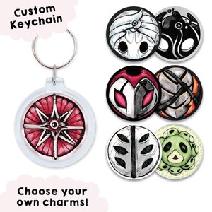 Hollow Knight keychain, charm, hornet, compass, grubsong, dashmaster, grimchild, mark of pride, weaversong, kingsoul, void heart