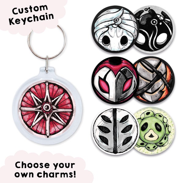 Hollow Knight keychain, charm, hornet, compass, grubsong, dashmaster, grimchild, mark of pride, weaversong, kingsoul, void heart