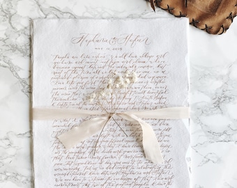 Calligraphy Wedding vows in rose gold ink