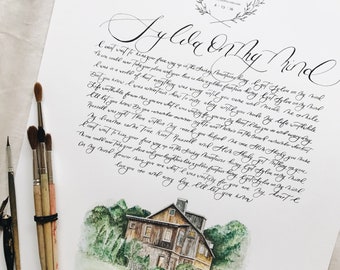 Custom Calligraphy wedding vows with venue illustration, venue painting