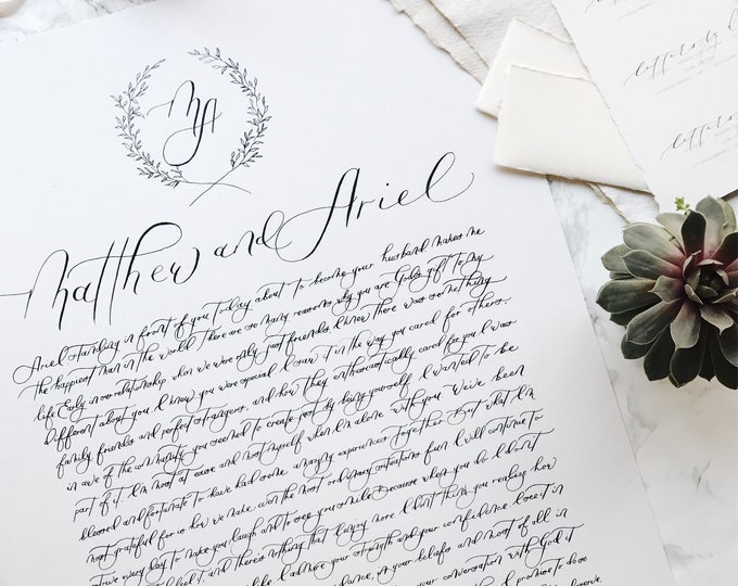 Custom calligraphy wedding vows, handwritten wedding vows