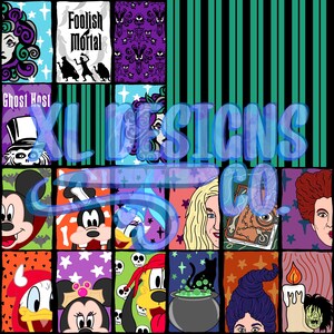 May include: A colorful digital collage featuring various Disney characters and Halloween-themed imagery. The collage includes Mickey Mouse, Donald Duck, Goofy, and characters from the movie Hocus Pocus. The text "XL Designs Co." is superimposed on the image.