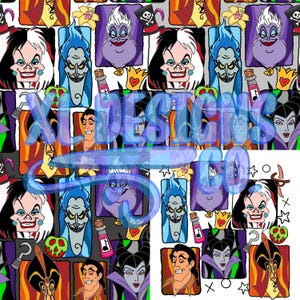 Puede incluir: Un patr&oacute;n colorido con ilustraciones de dibujos animados de varios villanos. El dise&ntilde;o incluye personajes como Cruella de Vil, Hades y &Uacute;rsula, junto con otros elementos tem&aacute;ticos. El texto "XL DESIGNS CO" est&aacute; superpuesto.