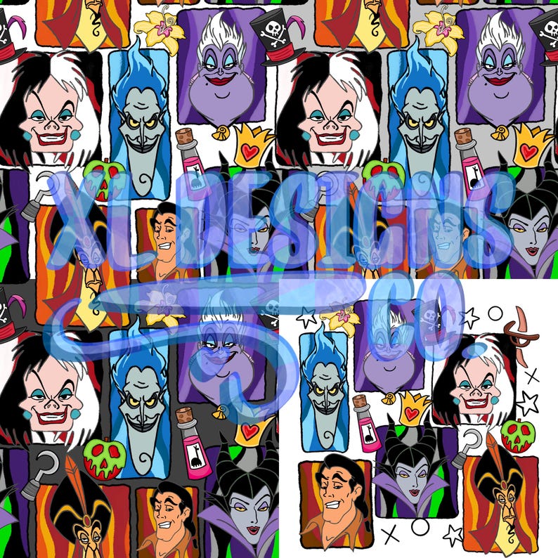 Puede incluir: Un patr&oacute;n colorido con ilustraciones de dibujos animados de varios villanos. El dise&ntilde;o incluye personajes como Cruella de Vil, Hades y &Uacute;rsula, junto con otros elementos tem&aacute;ticos. El texto "XL DESIGNS CO" est&aacute; superpuesto.
