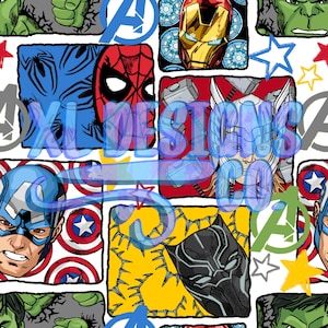 以下が含まれることがあります： スパイダーマン、アイアンマン、キャプテン・アメリカ、ソー、ブラックパンサー、ハルクなど、コミックのスーパーヒーローをフィーチャーした繰り返しパターン。デザインには、アベンジャーズのロゴ、星、白い背景が含まれています。