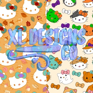 May include: Two fabric patterns featuring the Hello Kitty character. One pattern has Hello Kitty faces with autumn leaves and acorns on an orange background. The other has Halloween-themed Hello Kitty faces on a cream background.