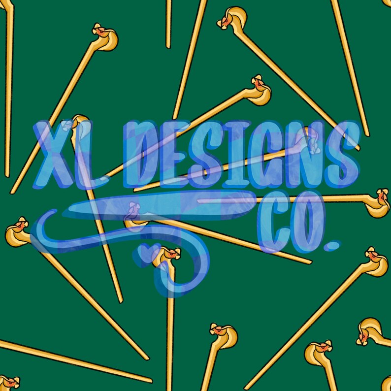 K&ouml;nnte beinhalten: Ein nahtloses Muster mit goldfarbenen Spazierst&ouml;cken mit einem dekorativen Oberteil auf einem dunkelgr&uuml;nen Hintergrund. Der Text "XL Designs Co." befindet sich in der Mitte des Musters in Blau.