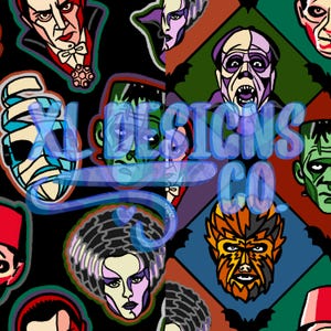 May include: A repeating pattern featuring stylized illustrations of classic movie monsters, including Dracula, Frankenstein's monster, and the Wolfman. The design incorporates a variety of colors and is set against a black background. The text "XL DESIGNS CO." is overlaid on the image.