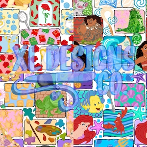Puede incluir: Un collage digital colorido con varios personajes y escenas de Disney. El collage incluye personajes de La Sirenita, Moana, La Bella y la Bestia, y muchos más. El collage es perfecto para usar como fondo digital o para imprimir en tela.