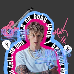 May include: Digital art print featuring a person with tattoos, wearing a white t-shirt and jewelry. The design includes a pink guitar, text, and graphic elements in a vibrant color palette of pink, blue, and black.