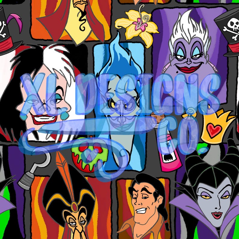 Puede incluir: Un patr&oacute;n repetitivo con villanos de dibujos animados en cuadrados coloridos. Los personajes incluyen a Cruella de Vil, Hades, &Uacute;rsula y Mal&eacute;fica. La imagen tiene el texto "XL DESIGNS CO" superpuesto en color azul claro.