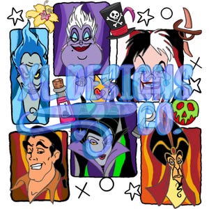Puede incluir: Ilustraci&oacute;n colorida con representaciones de dibujos animados de varios villanos. La imagen incluye personajes como &Uacute;rsula, Cruella de Vil y Jafar, sobre un fondo blanco con elementos decorativos.