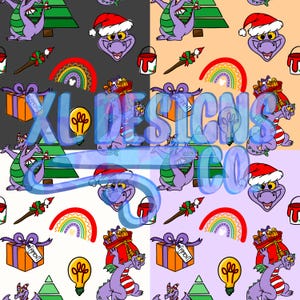 May include: A repeating pattern featuring a purple dragon wearing a Santa hat, Christmas trees, rainbows, paint cans, and gift boxes. The background is divided into four sections with different colors: black, peach, white, and lavender.
