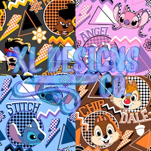 May include: A digital collage featuring various cartoon characters in a retro 80s style. The characters include Stitch, Chip and Dale, Goofy, and Angel. The background is a mix of checkered patterns, lightning bolts, and geometric shapes in various colors.